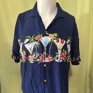 Paradise Found Men's Floral Mai Tai Martini Dark Blue Hawaiian Shirt Large Rayon